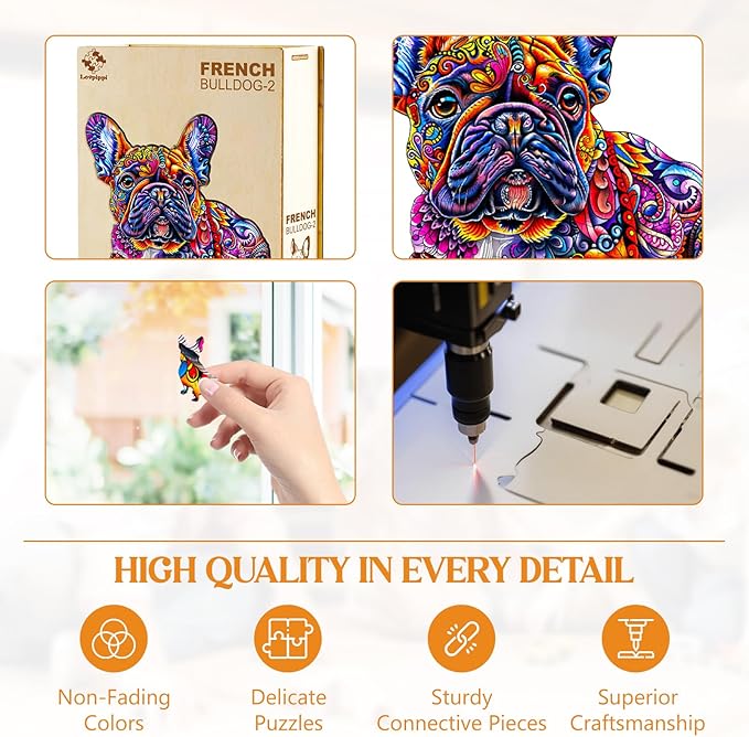 Wooden Puzzles for Adults, Jigsaw Puzzles for Adults Kids, French Bulldog Wooden Puzzle Unique Shaped Wood Puzzles Adult, Birthday Gifts for Friends Family Game (11.4 * 10.9in 200pcs)