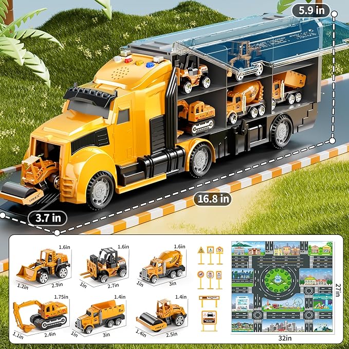 Construction Trucks Toy Set with Play Mat, Carrier Truck Play Vehicles Set for 3 4 5 6 Years Old Boys Kids, Die-Cast Car Toy for Toddlers 3-4 Years, Birthday Gifts Toys for 3-9 Year Old Boys