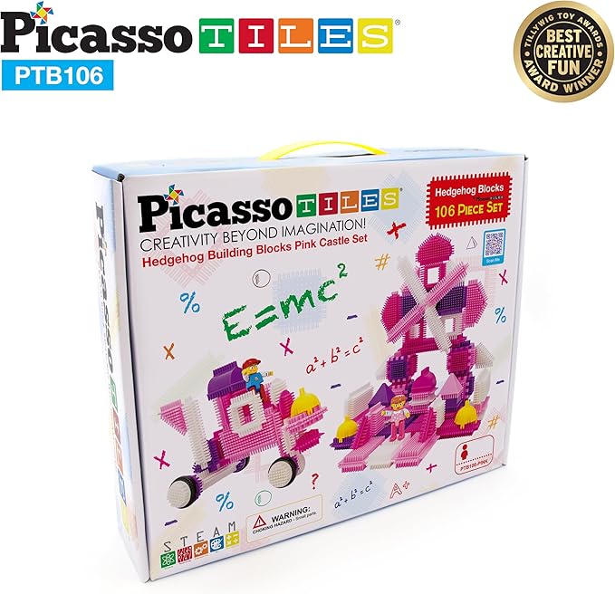 PicassoTiles PTB106 106pcs Hedgehog Lock Building Blocks Tiles Pink Castle Theme Set w/Human Figures Learning Playset STEM Toy Set Educational Kit Child Brain Development Preschool Kindergarten Toy