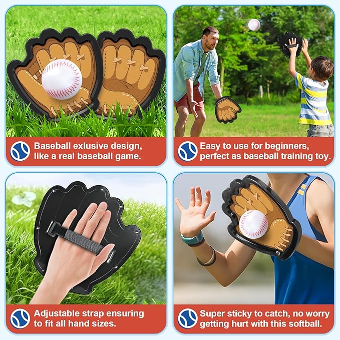 4 Pack Catch Ball Games Set for Kids, Baseball Training Toys with Gloves and Sticky Balls for Ages 3-12 Years Old, Outdoor Beach Pool Toys for Kids, Ideal Birthday Easter Gifts for Toddlers Boys Girls