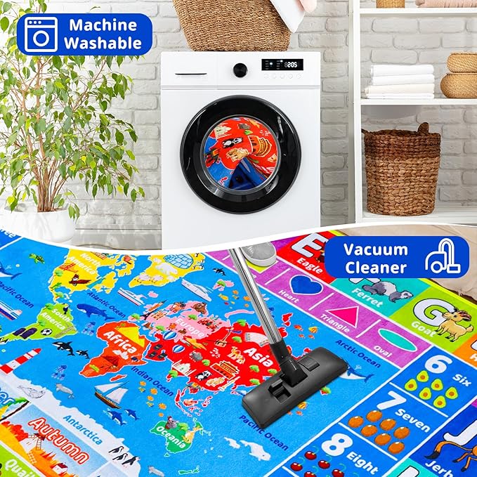 World Map ABC Kid Rug for Playroom Geography 59"×39.4" Classroom Play Rug Educational Baby Playmat Alphabet Rug Primary School Fluffy Ployester Non-Slip Preschool Rug Nursery Room Elementary Learning