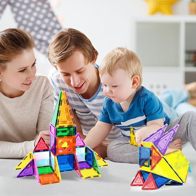 PicassoTiles 152PC Magnetic Tiles Mirror Theme Building Blocks Magnet Toys Construction Sensory Toy Set with Car for STEM Educational Playset Kid Brain Development Gifts for Kids Toddler Age3+ PT152