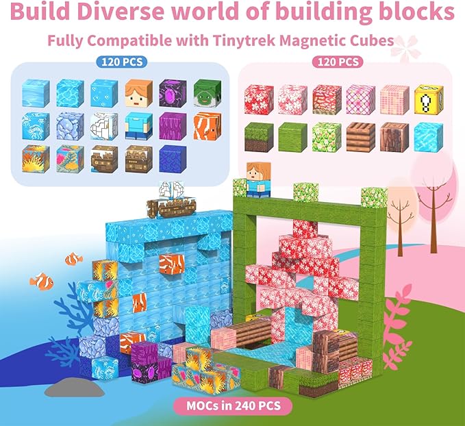 Magnetic Blocks-120PCS Magnets Cubes, Cherry Blossom Magnetic Building Blocks Toddler Toys for Age 3-4 5-7 6-8,STEM Sensory Toys Birthday Gifts for 3+ Years Old Boys & Girls