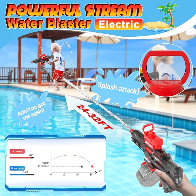 2025 Electric Water Guns for Adults Kids, Automatic Water Gun Toy for Kids Ages 4-8 8-12, Large Capacity High Power, 32ft Ultra-Long Range, Summer Pool Outdoor Beach Water Toys for Boys Girls(Red)