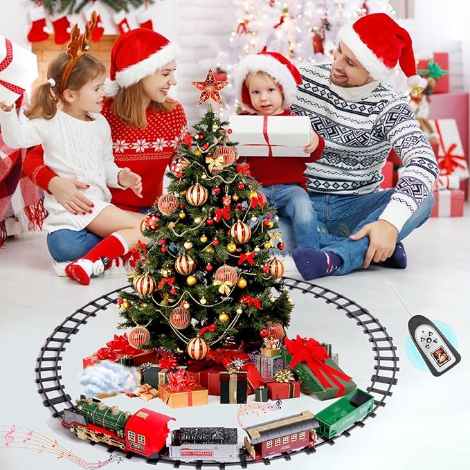 Train Set for Christmas Tree, Updated Chargeable Remote Control Electric Train Toy for Boys Girls w/Smokes, Lights & Sound, Railway Kits w/Steam Locomotive Engine, for 2 3 4 5 6 7 8+ Year Old Kids