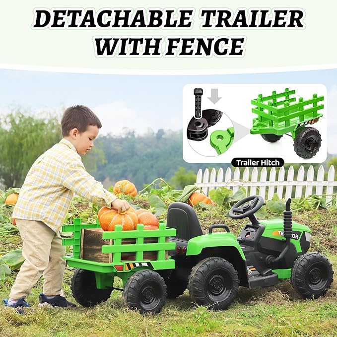 TOBBI Kids Electric Ride On Toy Tractor, 12v Battery-Powered 4 Wheels Ride On Car with Trailer, 35W Dual Motors/3-Gear-Shift/LED Lights/USB Audio Functions for Toddlers 3-6 Years-Green