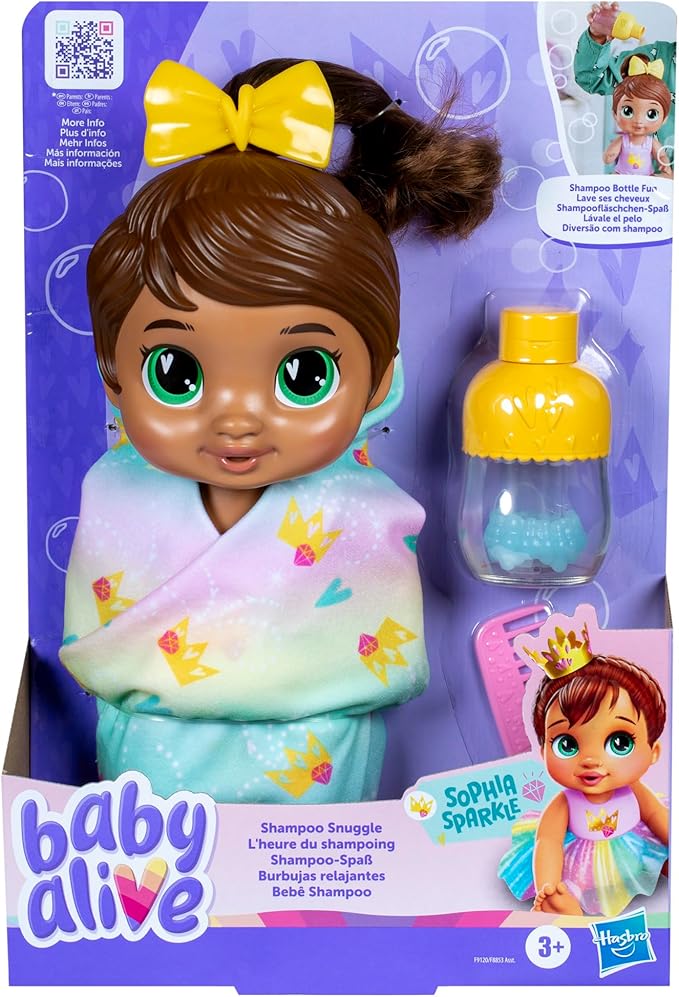 Baby Alive Shampoo Snuggle Sophia Sparkle Brown Hair 11 Inch Water Baby Doll Playset, Toys for 3 Year Old Girls & Boys & Up