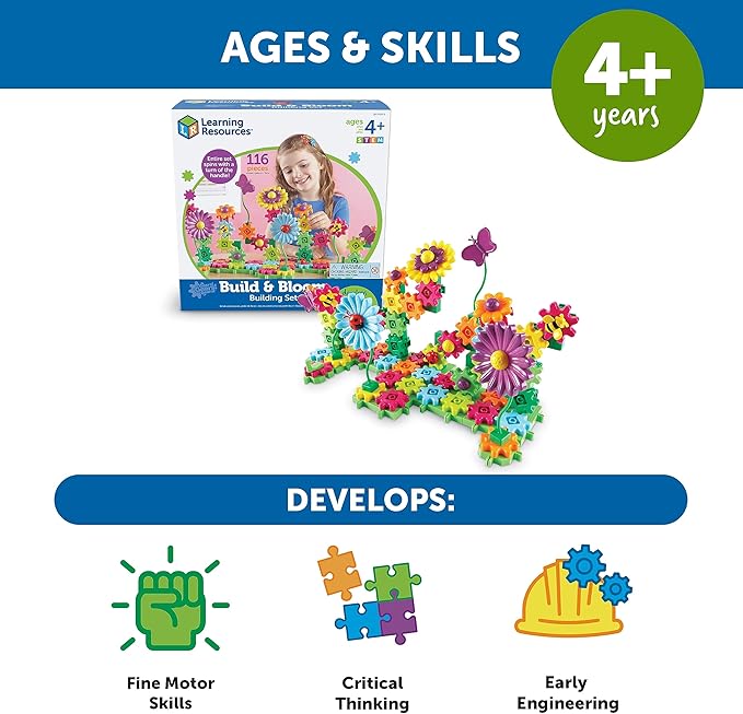 Learning Resources Gears! Gears! Gears! Build & Bloom Building Set - 116 Pieces, Ages 4+ Preschool Learning Toys, Gears for Kids, STEM Toys