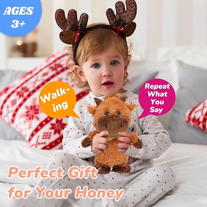 Hopearl Talking Highland Cow with Yellow Bib Repeats What You Say Walking Electric Interactive Animated Toy Speaking Plush Buddy Gifts for Toddlers, Brown, 9''