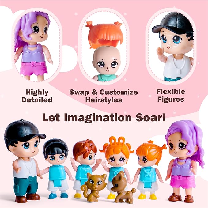 Funerica Dollhouse People, 8 Family Figures and Pets Playset - Bendable Little People Figures - Perfect for Imaginative Fun and Dollhouse Play - Play Doll House Accessories