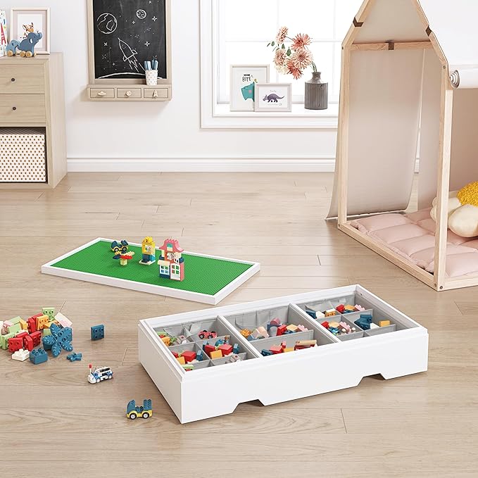 UTEX 3 in 1 Construction Play Table Compatible with Lego, Rolling Kids Activity Train Table with Storage and Wheels, Reversible Top Store Under Beds or Sofas