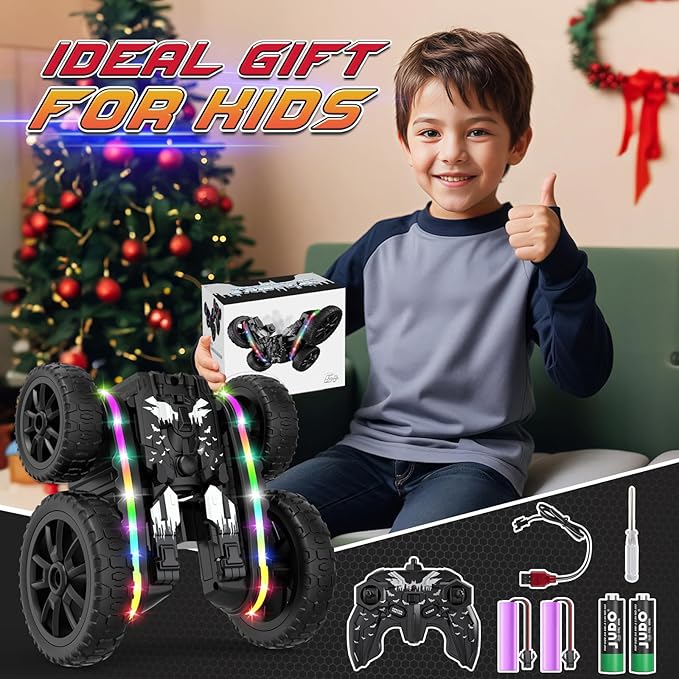 Remote Control Car,RC Cars with Sides Light and Headlights,360°Rotating 4WD Off-Road RC Stunt Car,2.4Ghz All Terrain Toy Car for Boys Age 4-7 Kids Toy for 8-12 Boys Girls Birthday Gift(Black)