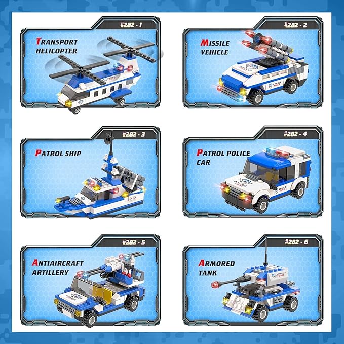 WishaLife 1169 Pieces City Police Station Building Kit, 6 in 1 Military Battleship Building Toy, with Police Cars, Boat, Airplane, Best STEM Construction Toy Gift for Boys and Girls 6-12
