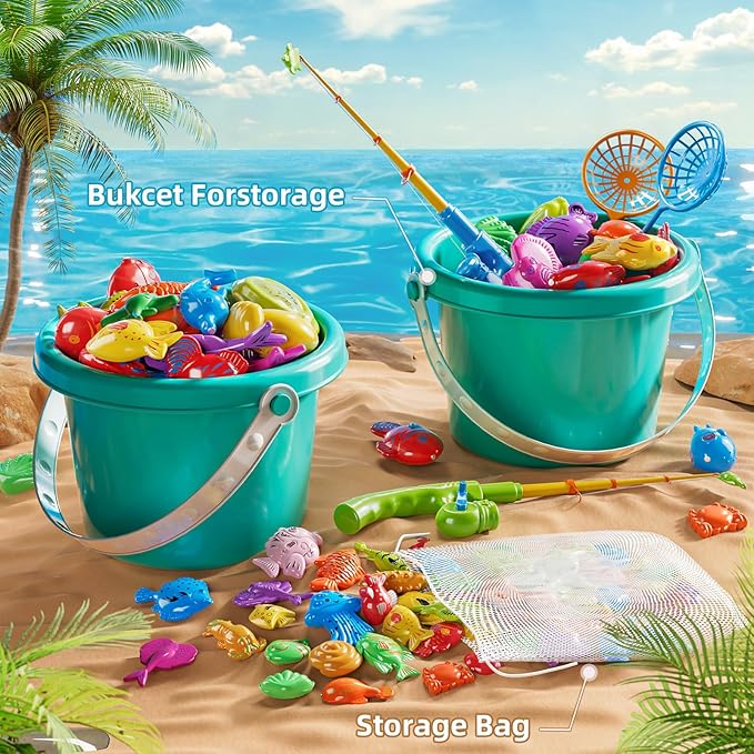 Magnetic Fishing Game Pool Toys for Kids 3-5, Water Table Bathtub Kiddie Party Toy with Pole Rod Net Plastic Floating Fish, Outdoor Toys for Kids Age 3 4 5 6 7 8 Year Old