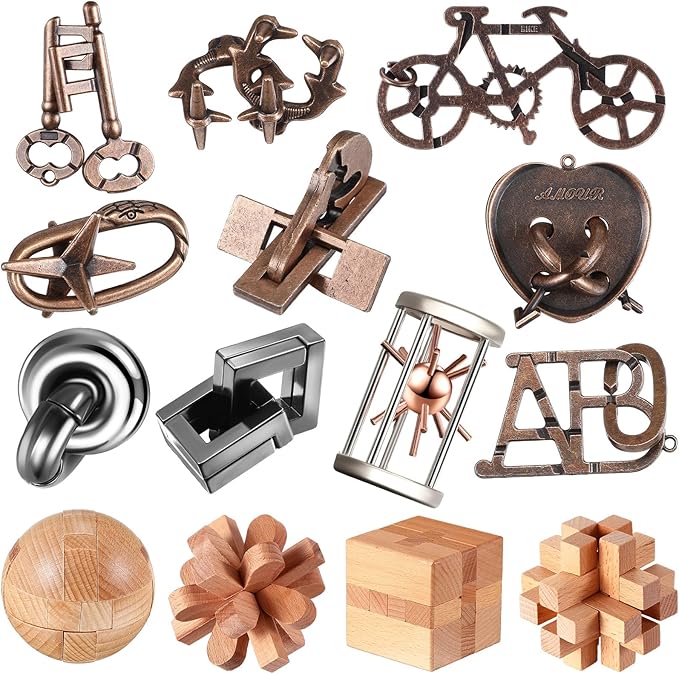 Syhood 14 Pcs Brain Puzzles Teaser for Adults Metal 3D Steel Mind Games Wooden Unlock Interlocking Puzzle Adult Iq Education Toys Smart Toy(Classic)