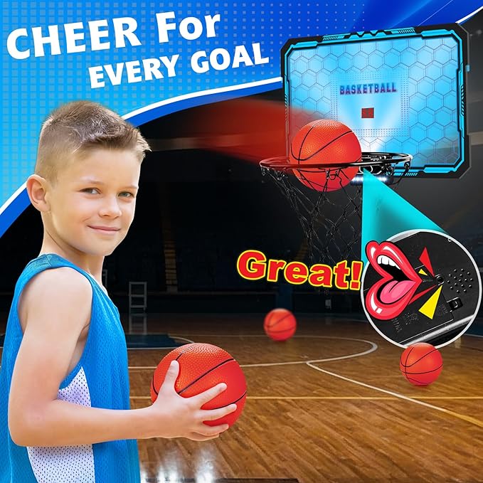 Basketball Hoop Indoor, Basketball Mini Hoop Pro Basketball Hoop Over The Door with Cool LED Lights, Boys Gifts Basketball Toys Gifts Room Accessories for Teen Boys 8-12