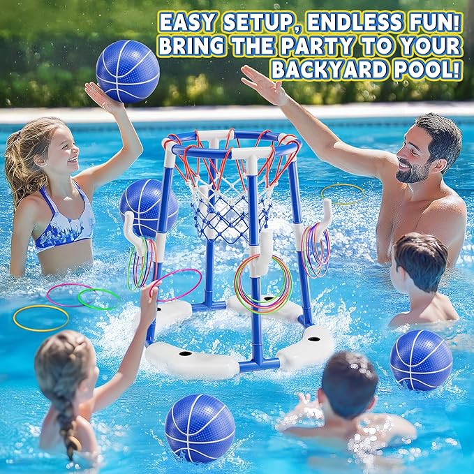 Pool Basketball Hoop, Floating Game with 6 Balls & Pump, Kids Pool Toys for Outdoor Summer Fun, Adjustable Height for Ages 4-8-12, Family Swimming Pool Accessory(Blue)