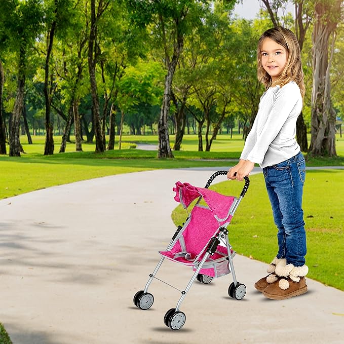 fash n kolor Doll Stroller with Basket, My First Denim Pink Foldable Baby Doll Umbrella Doll Stroller Fits Upto 18" Dolls, Gift Toys for Girls,Baby Doll Accessories Include 2 Free Magic Bottles