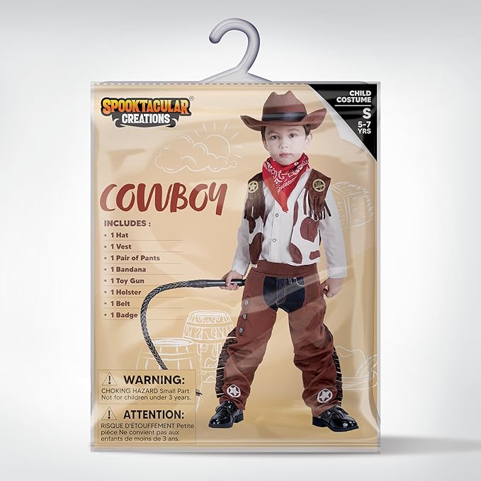 Spooktacular Creations Halloween Cowboy Costume for Boys, Kids White Brown Western Costume, Deluxe Cowboy Outfit Set with Hat for Toddler Halloween Dress-up, RolePlay Themed Party (3T, 3-4 yrs)