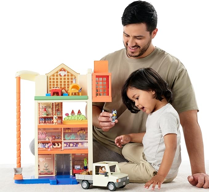 Bluey Hammerbarn Shopping Center Mega Set, 4 Level, 22" Tall Playset with Working Lift and Trolley Return, Lights and 45+ Sounds. 3 Figures. 15 Accessories & Tradie Ute Vehicle | Amazon Exclusive