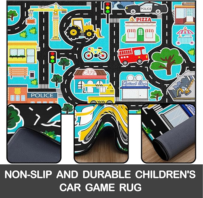 Car Rug Play Mat - Kids Play Rugs City Life Road Map Rug 3x5 Feet Large Educational Traffic Track Car Mat for Kids Toy Cars Carpet for Kid Bedroom Playroom Classroom Decor