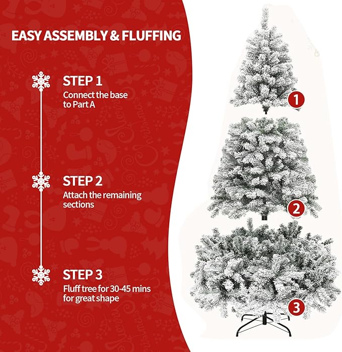 6ft Prelit Christmas Tree Snow Flocked Artificial Xmas Tree with 250 Colorful LED Lights, Remote Control, 1000 Branch Tips, Time and 11 Light Modes