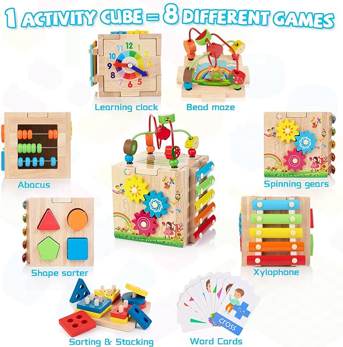 Bravmate Wooden Activity Cube, 8-in-1 Wooden Montessori Learning Toys for 18 M+ Toddlers, One Year Old First Birthday Gift, Baby Toy Set with Bonus Sorting & Stacking Board