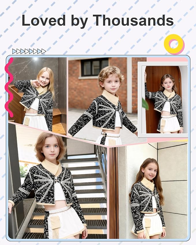 Pop Singer Costume Set for Girls, Halloween Stage Performance Outfit with Outerwear, T-Shirt & Skirt