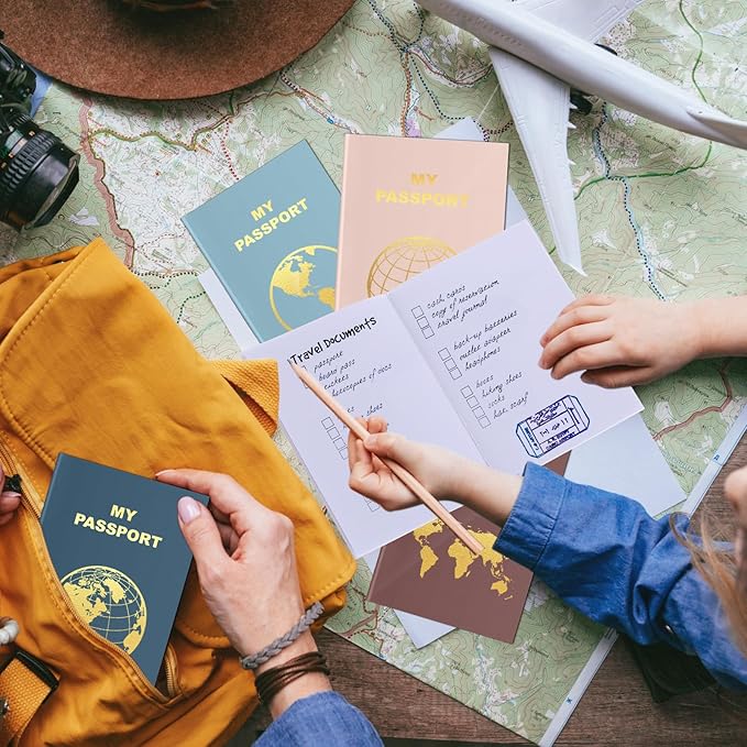 Lincia 48 Pcs Blank Passport Notebook Fake Passport Book Travel Journal Book Bulk Coloring Kids Travel Airplane Activity Classroom Decor School Projects(Cold Color)