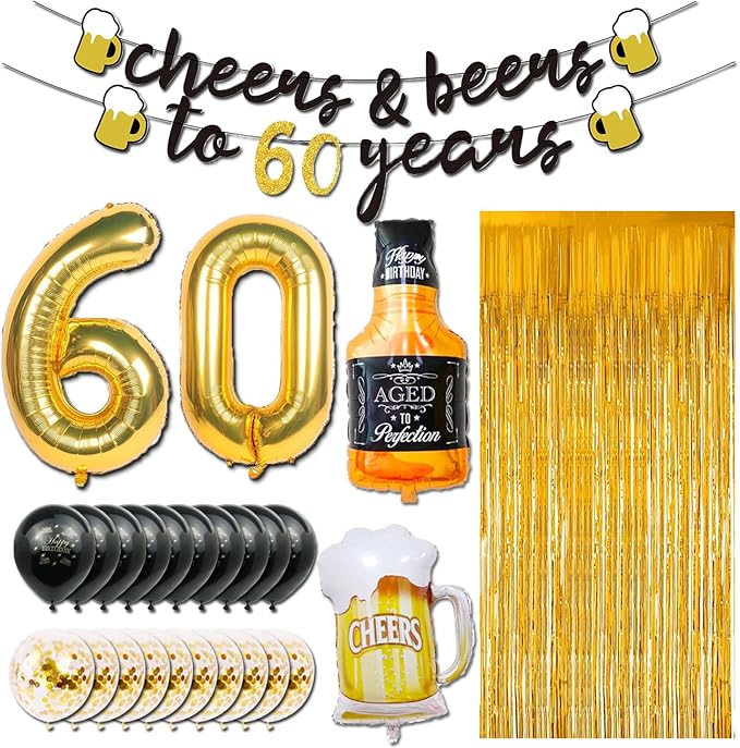 60th Birthday Decorations for Men, Happy 60th Birthday Decorations with 40 Inch Gold 60 Number Balloons, Birthday Banner, Latex Balloon, Fringe Curtains and Foil Balloons