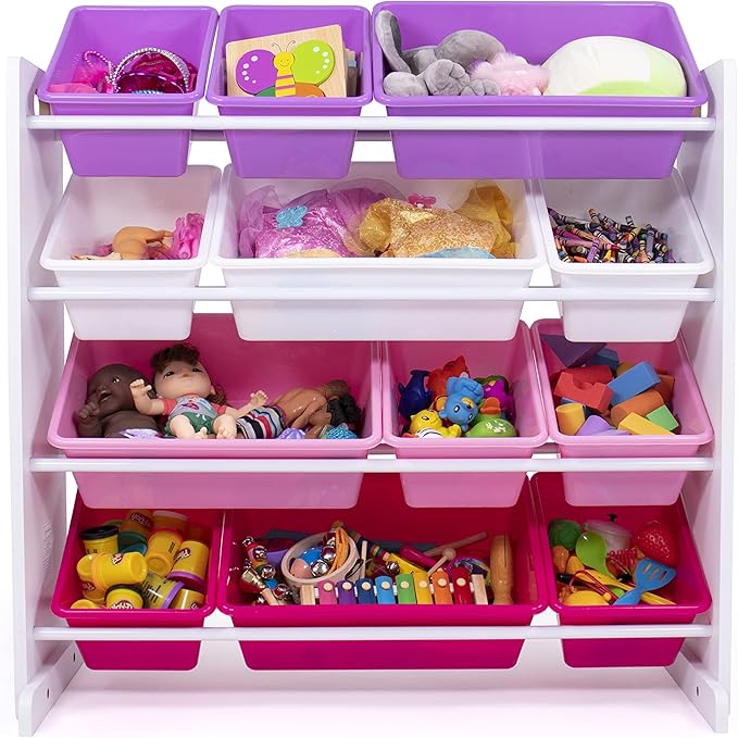 Humble Crew Kids' Toy Storage Organizer with 12 Plastic Bins, Pink&Purple, White/Purple/Pink