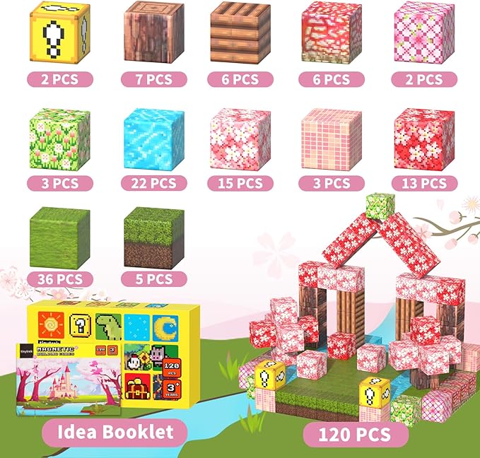 Magnetic Blocks-120PCS Magnets Cubes, Cherry Blossom Magnetic Building Blocks Toddler Toys for Age 3-4 5-7 6-8,STEM Sensory Toys Birthday Gifts for 3+ Years Old Boys & Girls