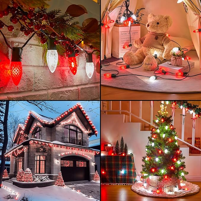 Minetom C9 LED Commercial Outdoor Christmas Lights – 150 FT Red and Pure White Christmas String Lights, Waterproof Connectable UL Certified C9 Lights for Indoor Roofline Xmas Decor