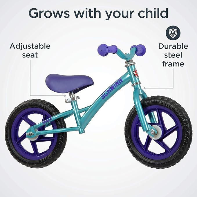 Schwinn Balance Bike, 12 Inch Bike for Kids Ages 2-4, Durable Steel Frame, Padded Seat, Cushioned Grips, Adjustable Seat Grows with Your Child, No Training Wheels Needed, Training Bicycle for Kids