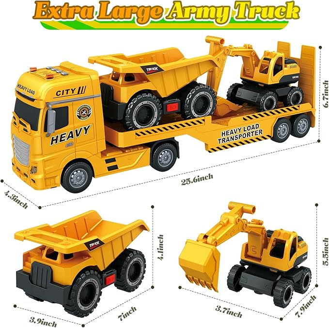 3-in-1 Construction Truck Toys for Kids Ages 3-6 - Inertia Semi Trailer with Excavator & Dump Truck, Light and Sound Play Vehicles