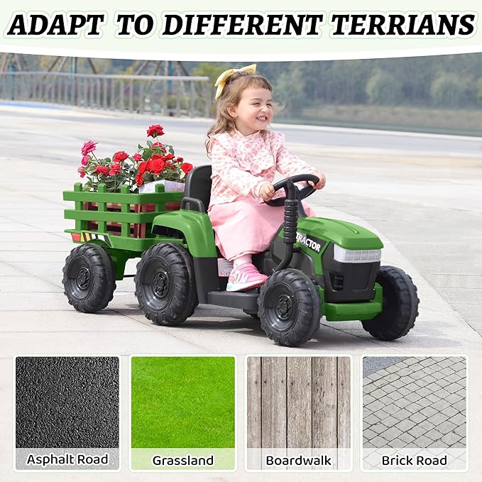 TOBBI Kids Electric Ride On Toy Tractor, 12v Battery-Powered 4 Wheels Ride On Car with Trailer, 35W Dual Motors/3-Gear-Shift/LED Lights/USB Audio Functions for Toddlers 3-6 Years-Dark Green