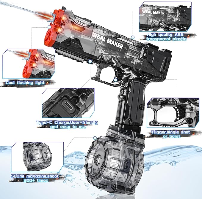2025 Upgraded Electric Water Gun with LED Flash and Type-C Charging, Automatic Squirt Guns 25-30 FT Range, Realistic Water Pistol for Summer Outdoor Pool Party Kid Sprinkler Toys
