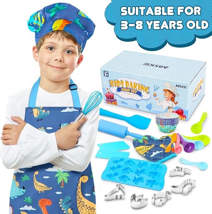 Aoskie Kids Baking Set with Dinosaur Apron and Chef Hat, Cooking Chef Set Baking Supplies Dress Up Role Play Toys Gift for 3-8 Years Old