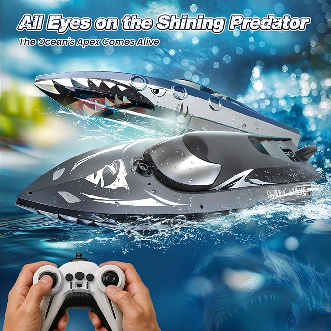 Shark RC Boat for Kids & Adults,2.4GHz High Speed Remote Control Racing Boat W/ Dual Battery 50 Min Runtime,Waterproof,Fast Remote Control Toy Gift Kids 8-12, Ideal for Pools & Lakes,Realistic Grey