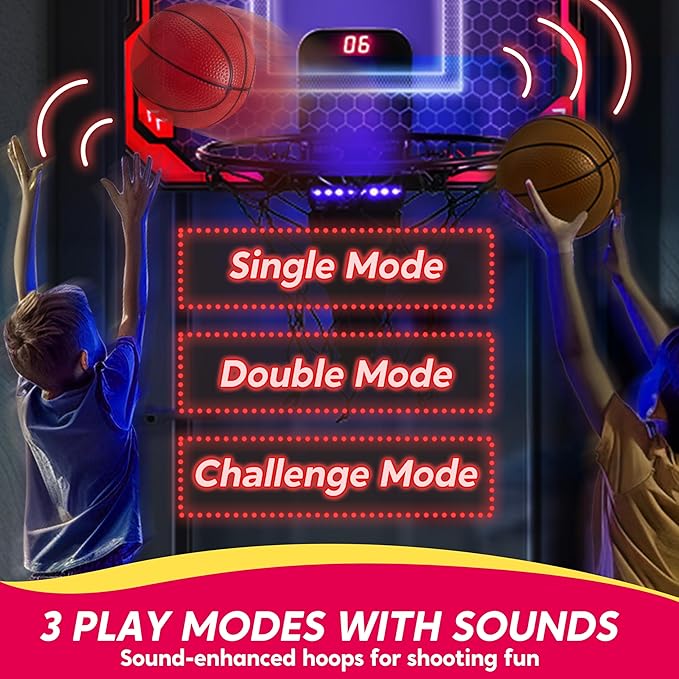 SYNCFUN Mini Indoor Basketball Hoop, Light Up Over The Door Basket Ball Hoop for Kids with Scoreboard & 4 Balls, Indoor Basketball, Toys Gifts for Boys Girls Ages 3 and UP(Red)