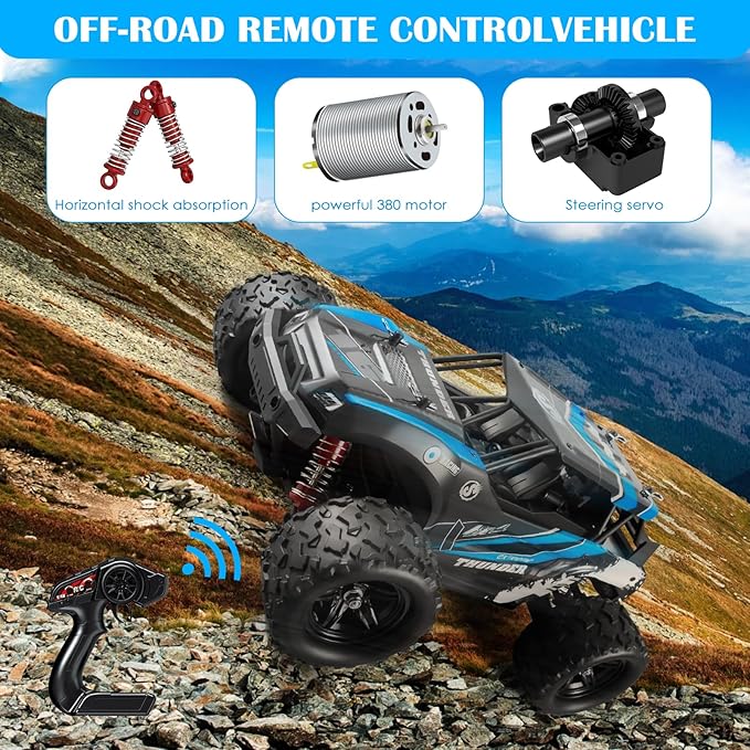 1:18 Scale RC Cars, 36 KM/H High Speed, 2.4 GHz Remote Control and 2 Rechargeable Batteries,4 Shock Absorbers, for Xmas (Blue)