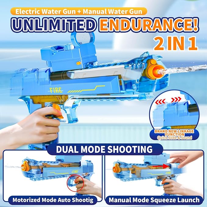 Manual Automatic Integrated Electric Water Guns with 520 Ammos - 36FT Transparent Automatic Squirt Guns Powerful Water Guns Strongest Water Blaster Summer Pool Toys for Kids & Adult