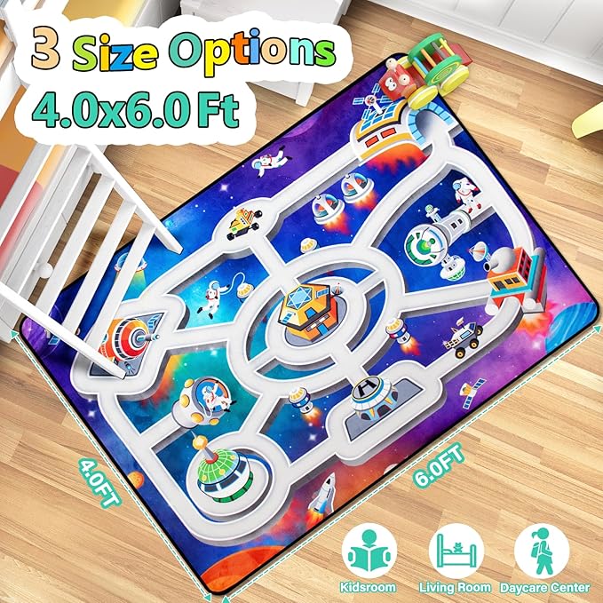 Kids Rug, Space Playmat Rugs, 4x6 Ft Playroom Carpet, Colorful Cartoon Outer Space, Planet, Rocket, Spaceship Road Rug for Playroom, Educational Learning Carpet for Kids