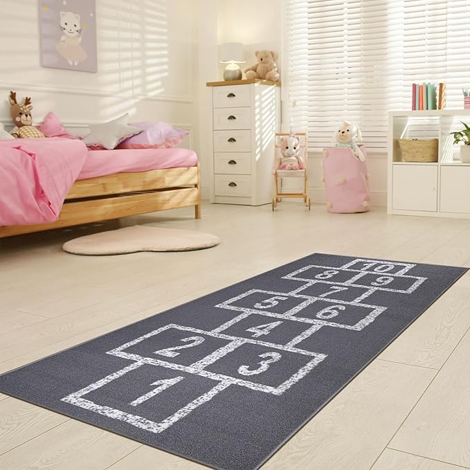 Ottomanson 2'7" x 6' Hopscotch Kids Rug - Play Mat for Playroom, Bedroom, Daycare & Classroom - Fun & Interactive Game Carpet - Durable and Non-Slip - Perfect for Learning & High-Traffic Areas, Gray
