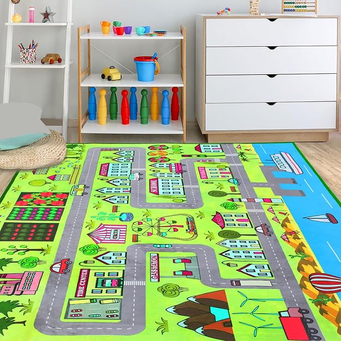 Large Kids Carpet Play Mat Rug for Playroom, 60'' x 84'’ Car Rugs Mat for Kids Toy Cars, City Life with Road Traffic Playmat Rugs Great for Kids Bedroom Play Room Boy Room Decor, Green