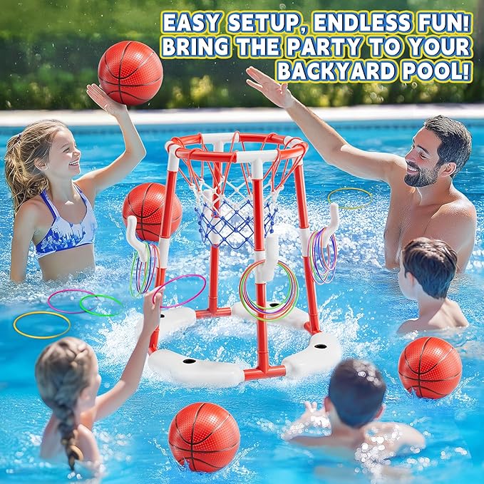 Pool Basketball Hoop, Floating Game with 6 Balls & Pump, Kids Pool Toys for Outdoor Summer Fun, Adjustable Height for Ages 4-8-12, Family Swimming Pool Accessory(red)