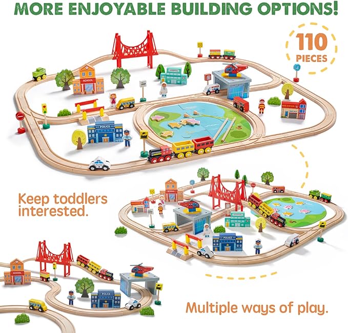 Tiny Land Train Set 110pcs Wooden Train Set, Toy Train Set with Tracks & Accessories, Montessori Toys for Boys & Girls Ages 3-7, Birthday Gift Railway Set for Toddlers & Kids
