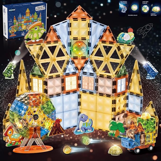 BINZKBB Magnetic Tiles 110PCS - 3D Lighted Magnet Building Blocks for Kids,Creative Dinosaur Toys Educational Sensory Stack STEM Construction Toys for Kids Ages 3 4 5 6 8 10+ Year Old Boys Girls