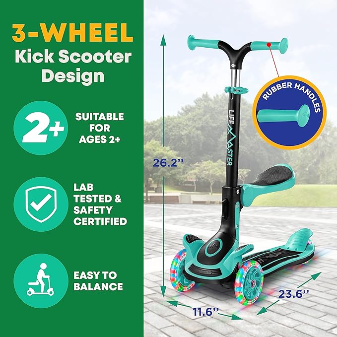 Kids Scooter – Foldable Seat – LED Wheel Lights Illuminate When Rolling – Children and Toddler 3 Wheel Kick Scooter – Adjustable Handlebar – Indoor and Outdoor- by Lifemaster
