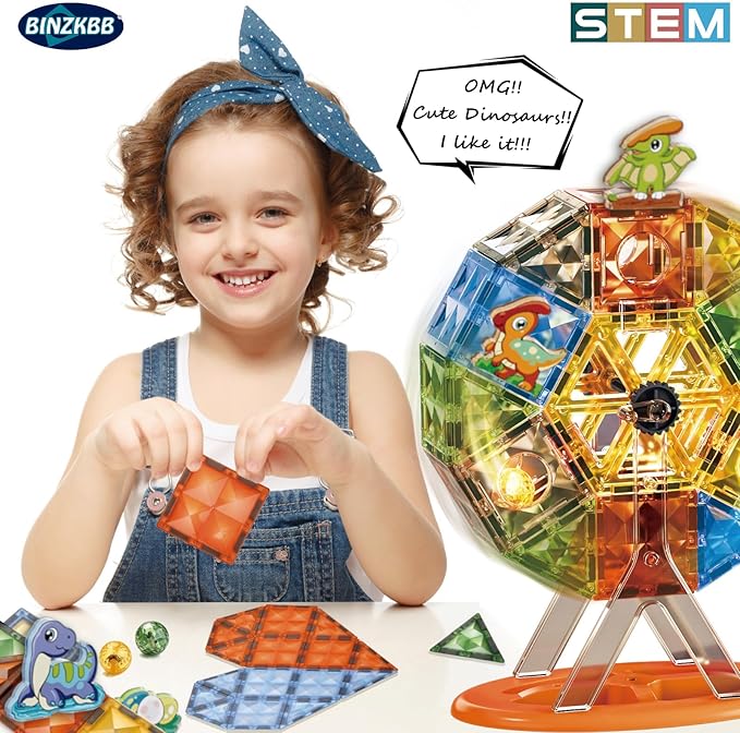 BINZKBB Magnetic Tiles 110PCS - 3D Lighted Magnet Building Blocks for Kids,Creative Dinosaur Toys Educational Sensory Stack STEM Construction Toys for Kids Ages 3 4 5 6 8 10+ Year Old Boys Girls